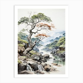 Sounkyo Gorge In Hokkaido, Japanese Brush Painting, Ukiyo E, Minimal 1 Art Print