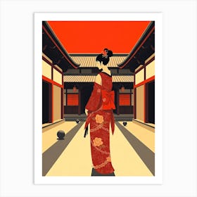 Geisha Woman in Red Kimono At A Yard Art Print