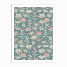 GARDEN MEADOW Floral Botanical Flowers Wildflowers in Neutral Beige Cream Dusky Pink on Light Teal Art Print