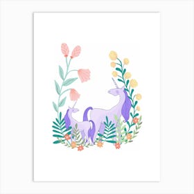 Unicorns And Flowers Art Print