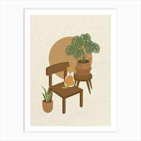 Minimal art Cat Sitting On A Chair looking plant Art Print