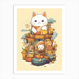 Kawaii Cat Drawings Traveling 1 Art Print