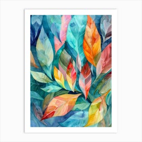 Watercolor Leaves On Blue Background Art Print