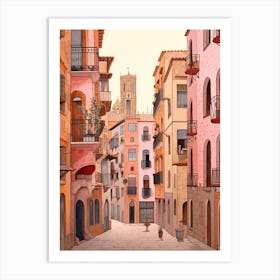 Barcelona Spain 1 Vintage Pink Travel Illustration Art Print