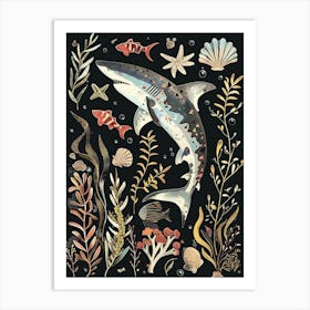 Angel Shark Seascape Black Background Illustration 2 Art Print