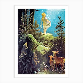 "The Star Money" (Die Sterntaler) 1882 by Victor Paul MOHN - Paraulas - Vintage Golden Age Children's Illustration of Girl With a Dress Full of Stars in the Forest With Deer HD Remastered Art Print