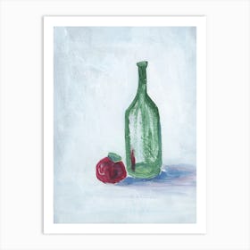 Apple And A Green Bottle painting still life kitchen dining white light vertical Art Print