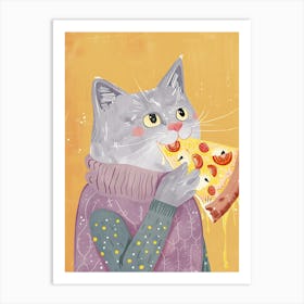 Grey Cat Eating A Pizza Slice Folk Illustration 4 Art Print