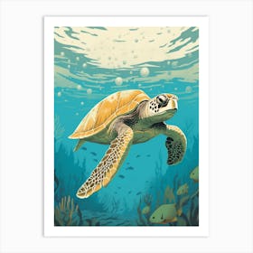 Block Colour Turtle Swimming Aqua 9 Art Print