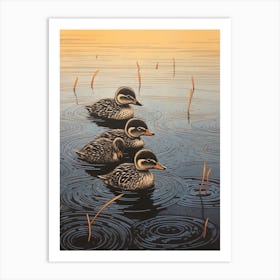 Ducklings In The Water Japanese Woodblock Style 4 Art Print