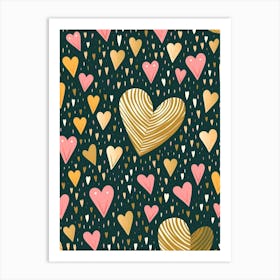 Dots Lines & Hearts Gold Pink Illustration Art Print