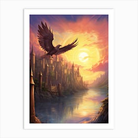 Eagle Flying Over A Castle Art Print
