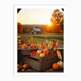 An Inviting Rustic Farm With Vegetables Like Corn Pumpkins Squash Elegantly Arranged In A Wooden B Art Print