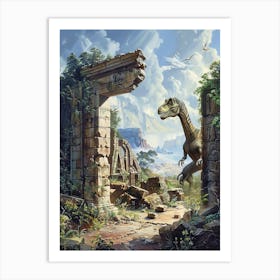Dinosaur By An Ancient Ruin Painting 2 Art Print