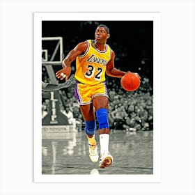 Magic Johnson Of The Los Angeles Lakers Dribble Drives To Th Ebasket During The Nba Game At The Forum Circa 1991 Art Print