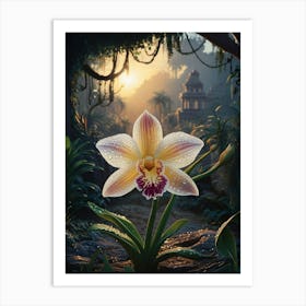 Orchid In The Jungle, Sunrise and ancient structure in the background Art Print