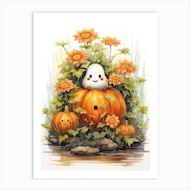 Cute Bedsheet Ghost, Botanical Halloween Watercolour 24 Art Print