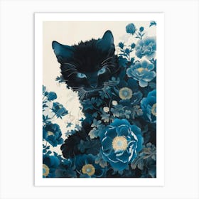 Black Cat In Blue Flowers 3 Art Print