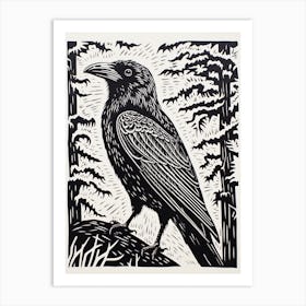 B&W Bird Linocut Raven 1 Art Print