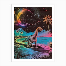 Neon Linework & Black Dinosaur On The Beach Art Print