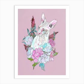 Cute Cornish Rex Cat With Flowers Illustration 2 Art Print