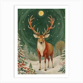 Deer In The Snowy Moonlight Art Print