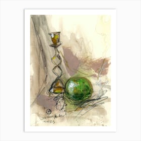 Green Apple And A Candle Holder - watercolor hand painted vertical kitchen Art Print