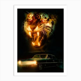 Tiger Is Roaring In The Night And Classic Car Affiche