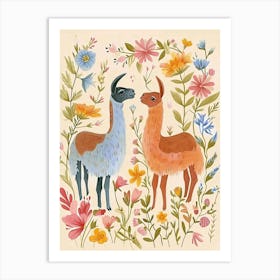 Folksy Floral Animal Drawing Llama Art Print