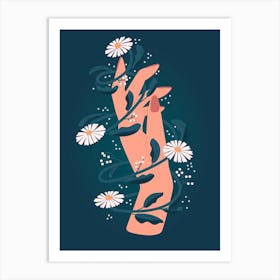 Elegant Hand Surrounded With Flowers On Deep Blue Art Print