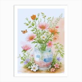 Flowers In A Vase With Butterfly Art Print