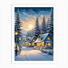 Winter Village At Night Art Print