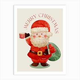 Merry Christmas Santa Watercolor Hand Drawing Illustration Art Print