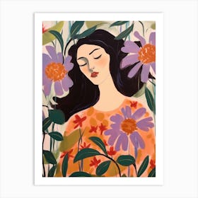 Woman With Autumnal Flowers Passionflower 1 Art Print