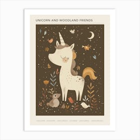 Unicorn In The Meadow With Abstract Woodland Animals 1 Poster Art Print