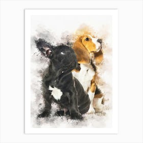 Young Beagle And Black French Bulldog Puppy Art Print