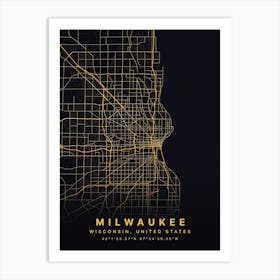 Milwaukee Wisconsin USA Black And Gold Map Art Print