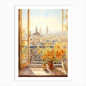 Window View Of Barcelona Spain In Autumn Fall, Watercolour 2 Art Print
