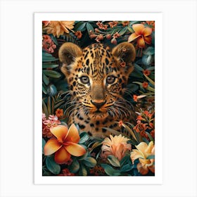 A Happy Front faced Leopard Cub In Tropical Flowers 14 Art Print