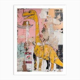 Abstract Mustard Dinosaur Painting Eating Pancakes Art Print