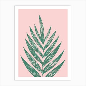 Modern Minimalist Botanical Palm Leaf Block Print in Pink and Green Art Print