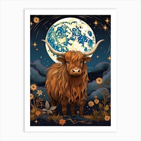 Digital Illustration Of Highland Cow At Night 1 Art Print
