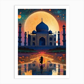 Moon over The Taj Mahal ~ India Travel Adventure Visionary Wall Decor Futuristic Sci-Fi Trippy Surrealism Modern Digital Psychedelic Cubic Fantasy Art Full Moons Stars Mandala Spiritual Fractals Space DMT Vibrant Art Print