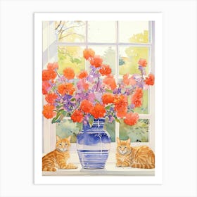 Cat With Azalea Flowers Watercolor Mothers Day Valentines 4 Art Print