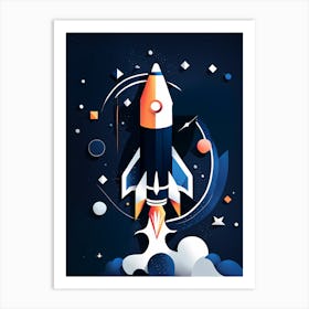 Space Rocket Launch Vector Illustration, Rocket blasting off over mountains and stars, Rocket wall art, Children’s nursery illustration, Kids' room decor, Sci-fi adventure wall decor, playroom wall decal, minimalistic vector, dreamy gift Art Print