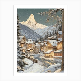 Vintage Winter Illustration Zermatt Switzerland 3 Art Print