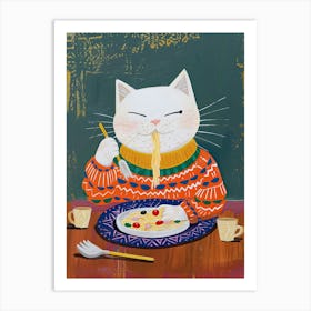 Cute White Cat Pasta Lover Folk Illustration 2 Art Print