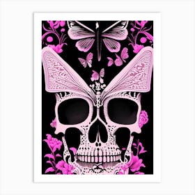 Skull With Butterfly 1 Motifs Pink Linocut Art Print