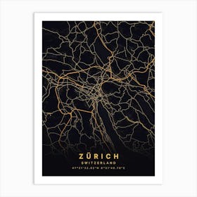 Zurich Switzerland Black And Gold Map Art Print