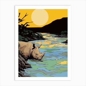 Rhino Bathing In The River Simple Illustration 1 Art Print
